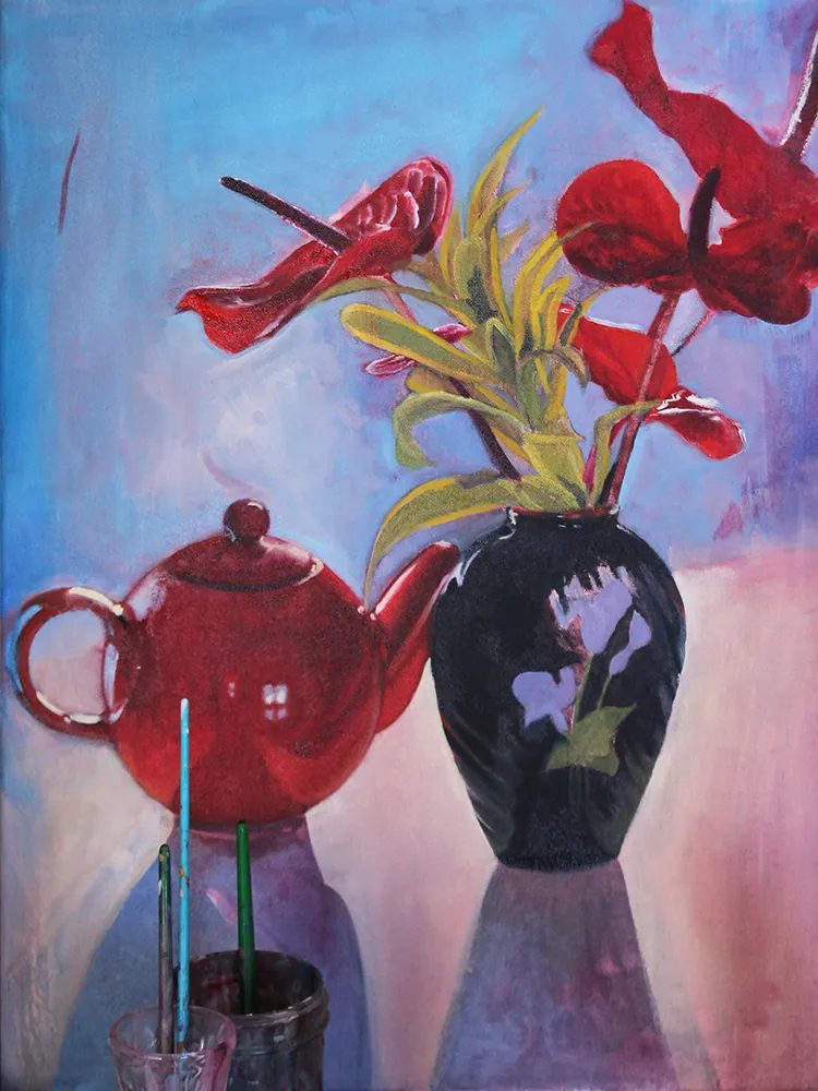 Teapot and Anthuriums, Oil on Canvas, 2017.