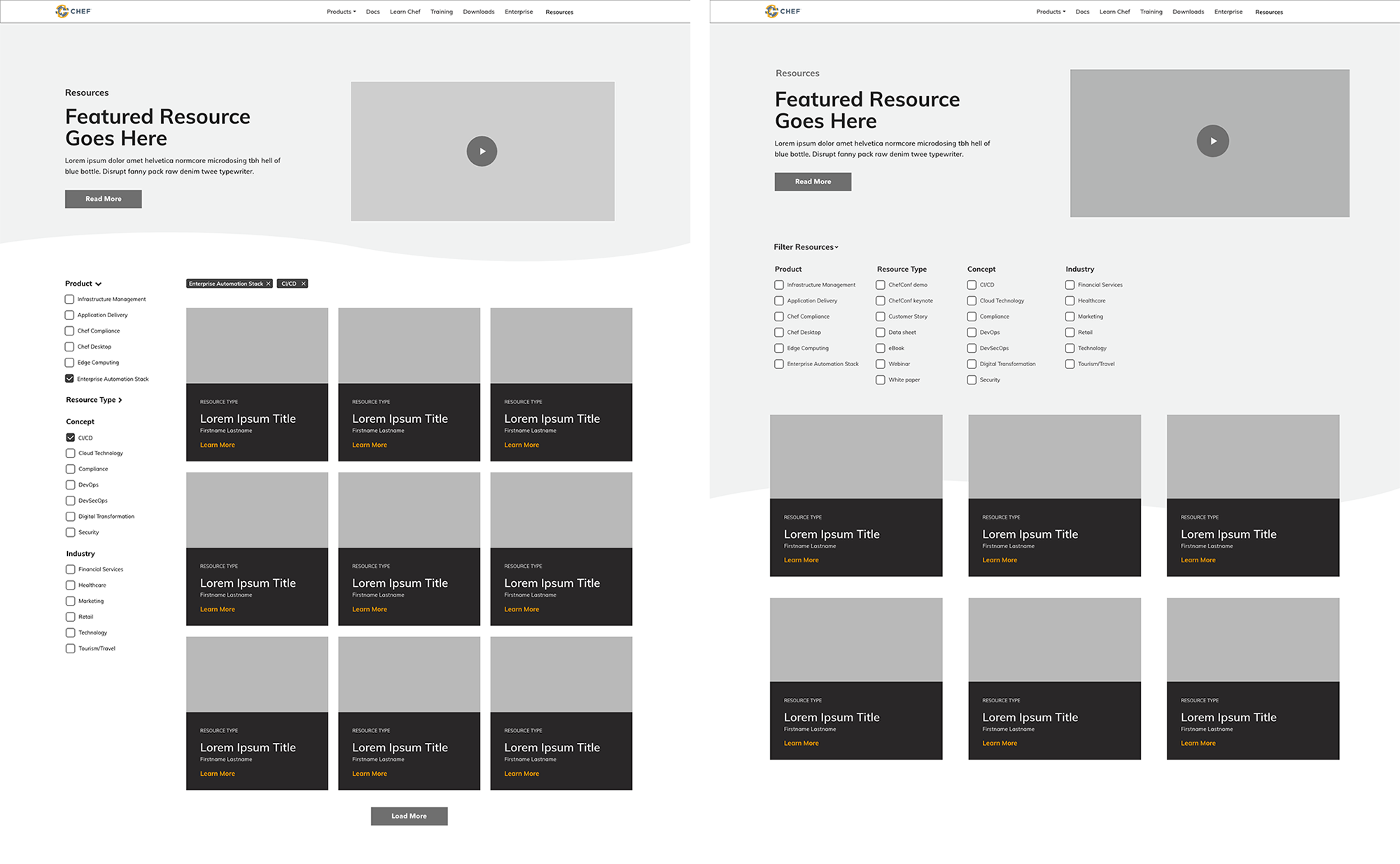 Wireframes of two types of filtering: to the left of and above the main content.